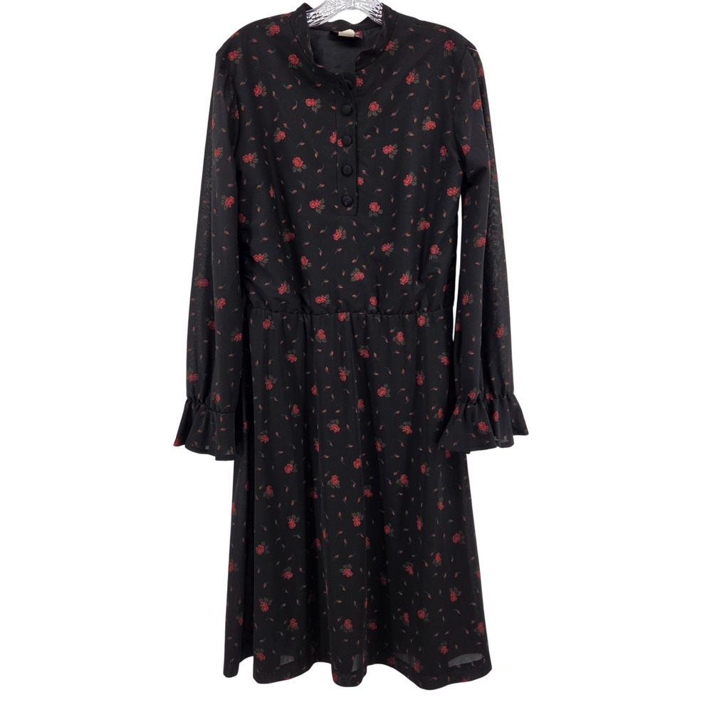 Sharon Dee Vintage‎ Floral Midi Dress Medium Black Red Rose Goth Dark Romantic